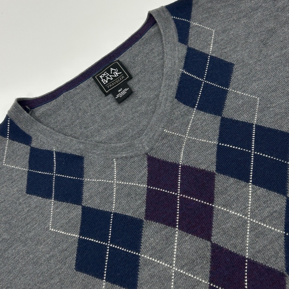 Jos. A. Bank Traveler Sweater Mens 2XLT Tall Gray Argyle 100% Merino Wool V-Neck